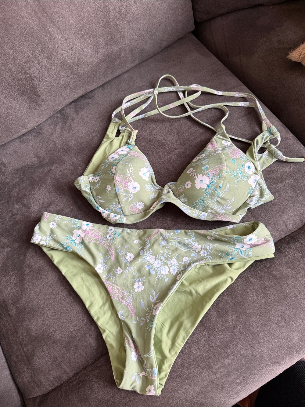 Olive Floral Underwire Tie-Strap Bikini Set